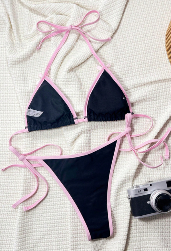 Gothic Black and Pink Bow Bikini Set Lace-Up Two-Piece Swimsuit